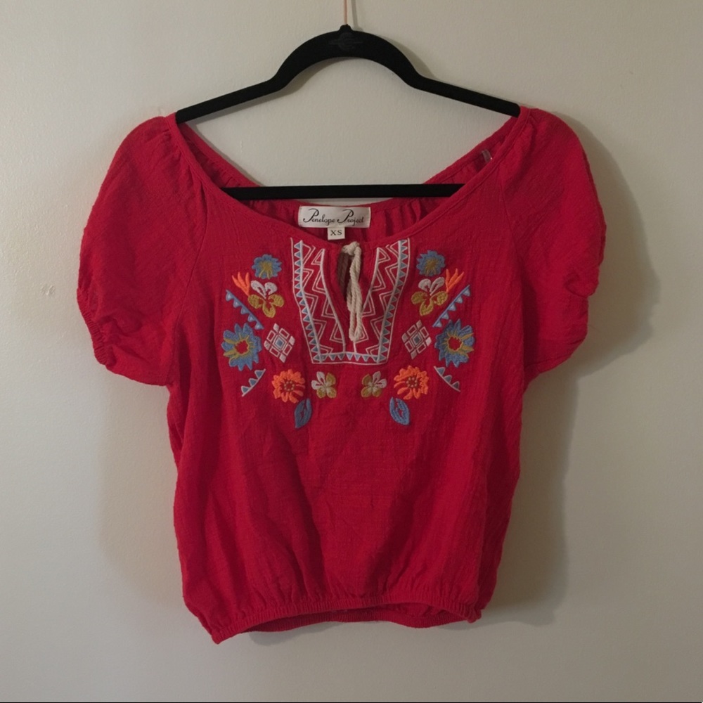 Red Embroidered Peasant Crop Top